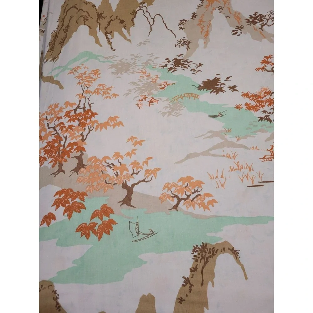 Vintage Asian-Inspired Full Flat & Fitted Sheets Set With Scenic Mountain & Tree